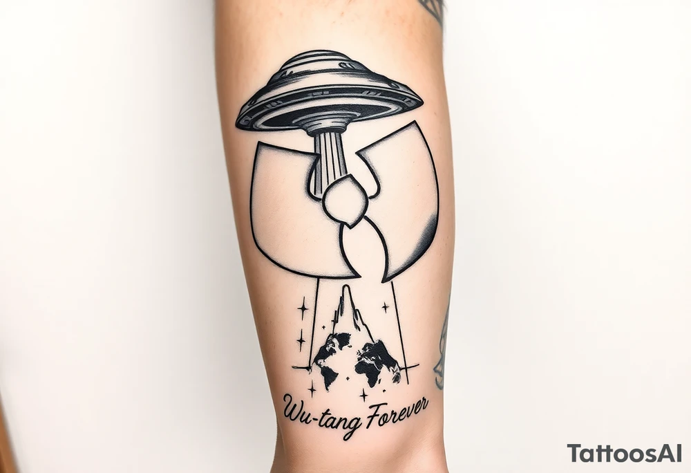 Ufo dropping the Wu-Tang Clan Symbol down to earth with the bottom of forearm saying "Wu Tang Forever" tattoo idea
