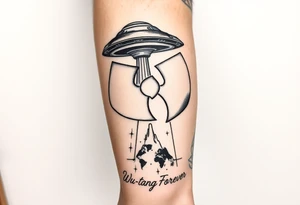 Ufo dropping the Wu-Tang Clan Symbol down to earth with the bottom of forearm saying "Wu Tang Forever" tattoo idea