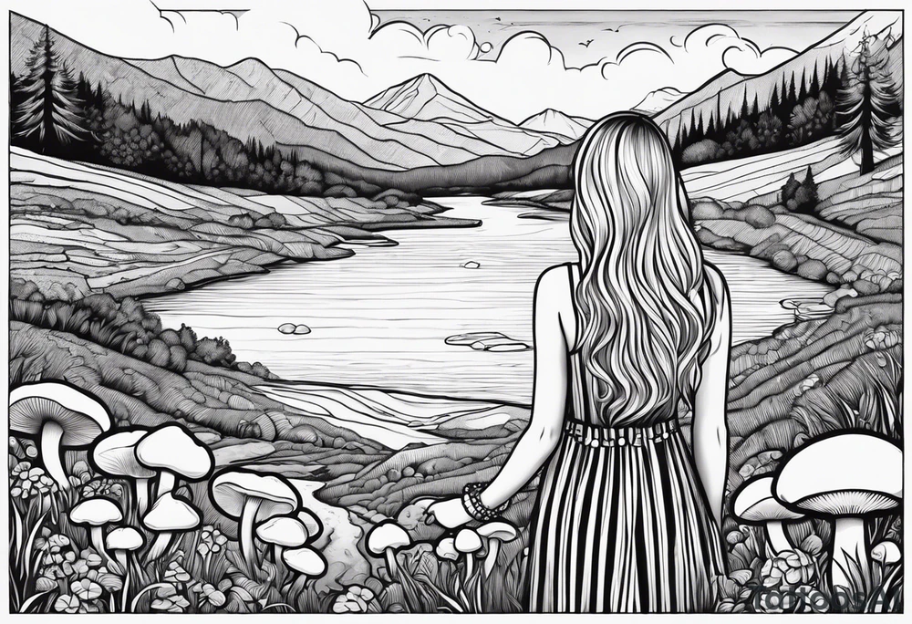 Straight long blonde hair hippie girl in distance holding mushrooms in hand facing away toward mountains and creek surrounded by mushrooms black and white striped dress tattoo idea