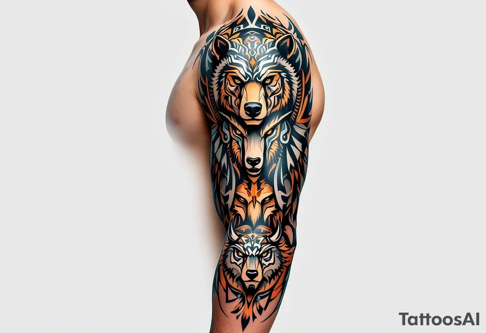A totem of four animal totems (bear, wolf, eagle, buffalo) in earth tones, representing the medicine wheel. tattoo idea