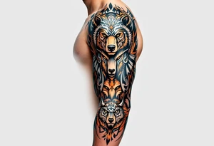 A totem of four animal totems (bear, wolf, eagle, buffalo) in earth tones, representing the medicine wheel. tattoo idea