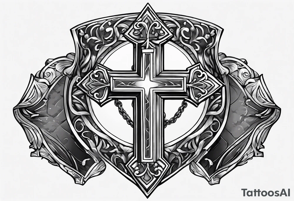 pauldron armor piece with a cross in the center and a dogs pawprint tattoo idea