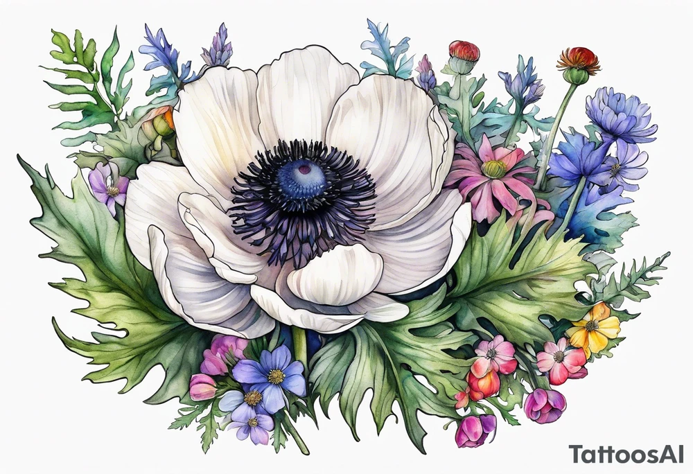 one white anemone with black center in the middle of equal sized mixed colorful wildflowers all with different shapes including thistles, ferns, ranuculus, and sun flowers all in watercolor tattoo idea