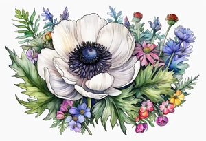 one white anemone with black center in the middle of equal sized mixed colorful wildflowers all with different shapes including thistles, ferns, ranuculus, and sun flowers all in watercolor tattoo idea