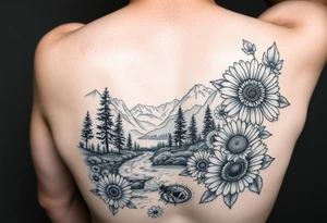 full arm black and white tattoo realistic nature landscape majestic river flowing down bright mountains trees, daisies, chrysanthemums a real bee on one flower a large compass on the forearm tattoo idea