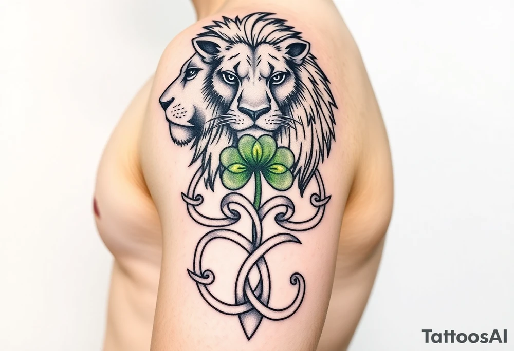 Show on a man's arm. Create a men's half-sleeve tattoo featuring a mighty, majestic lion at the top of the shoulder. Extend the bottom of the lion's mane to create open and shaded Celtic knots that travel down the arm, incorporating a ribbon twist. At the twist, make a Celtic shamrock with green peridot jewel petals and an organic stem. Continue the knots to intersect with a Celtic warrior armband that wraps the arm just above the elbow. tattoo idea
