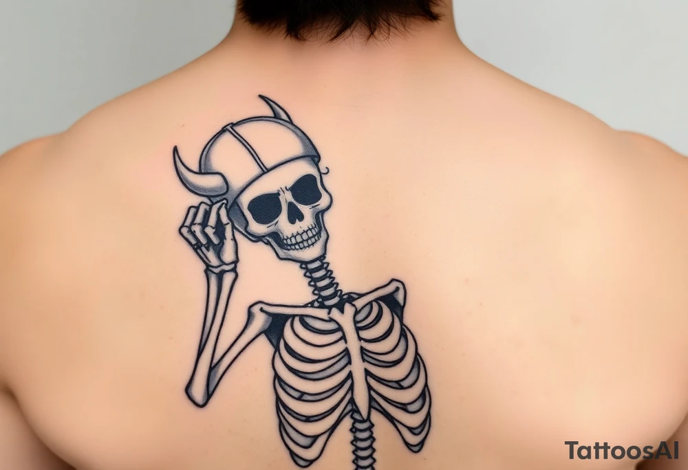 Skeleton with a fun ball cap doing devil s horn tattoo idea