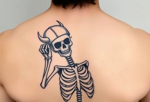 Skeleton with a fun ball cap doing devil s horn tattoo idea