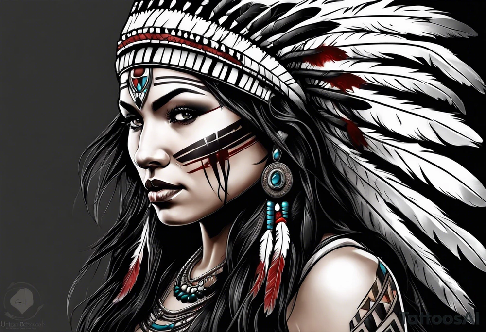 dark photo realistic woman, native american, wolf, blood tattoo idea