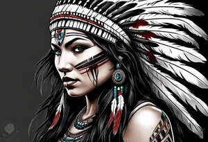dark photo realistic woman, native american, wolf, blood tattoo idea