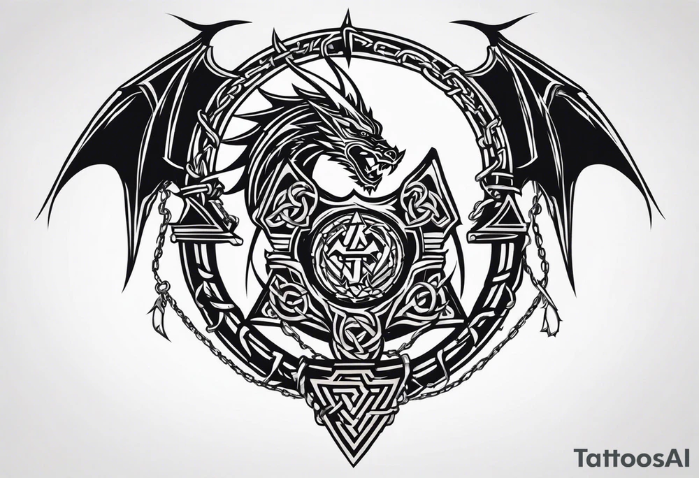 Valhalla sword shield dragon axe Valknut barbed wire chains tribal tattoo idea Valhalla sword shield dragon axe Valknut barbed wire chains tribal tattoo idea