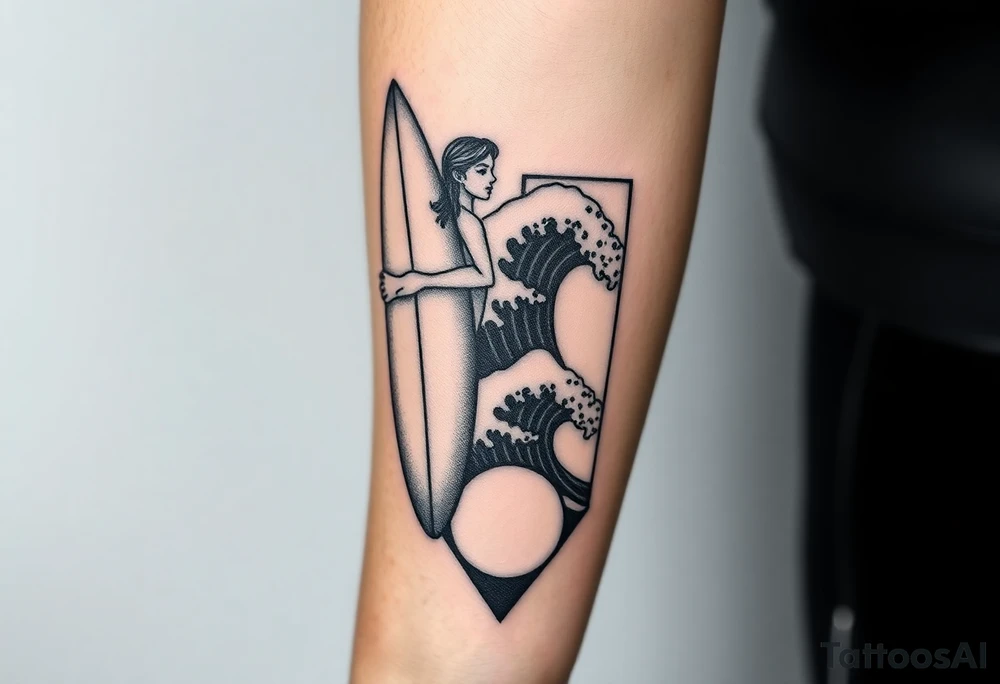 New school geometrical concept tattoo with the girl holding surfboard in a vertical position her face is turned 60 degrees to out side, the bottom part of a body is showed, on the right side of a tattoo is the realistic wave closed in a frame. And the bottom of a taro is a palenesiab sun. Link the objects based on new school geometry tattoos. tattoo idea