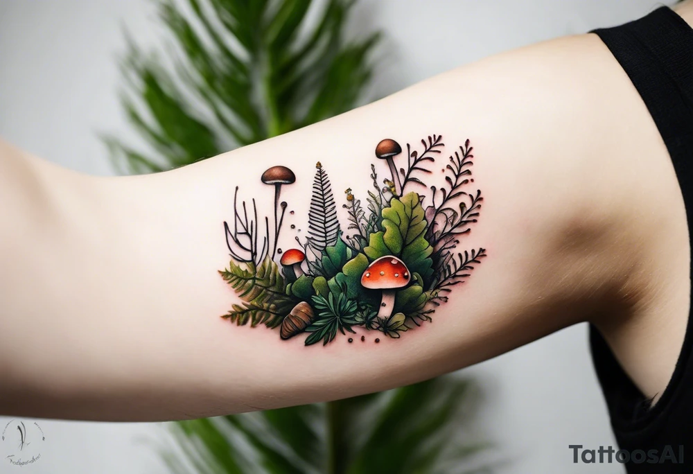 minimalistic forest floor inspired tattoo, which includes grass, moss, curly ferns and dead leaves as the bulk of the tattoo. details to include: forest berries, couple of very small brown mushrooms, a tiny bumblebee flying nearby tattoo idea