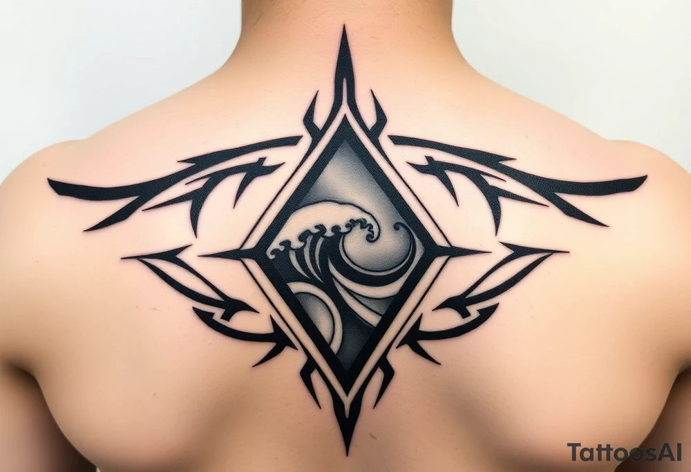 A sharp edged rip curl wave inside of an elongated diamond tattoo idea