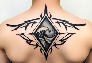 A sharp edged rip curl wave inside of an elongated diamond tattoo idea