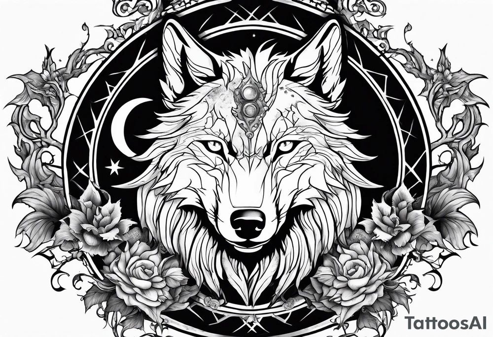 wolf with a dragon above the wolf and lightning and the moon in the background tattoo idea