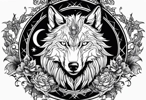 wolf with a dragon above the wolf and lightning and the moon in the background tattoo idea
