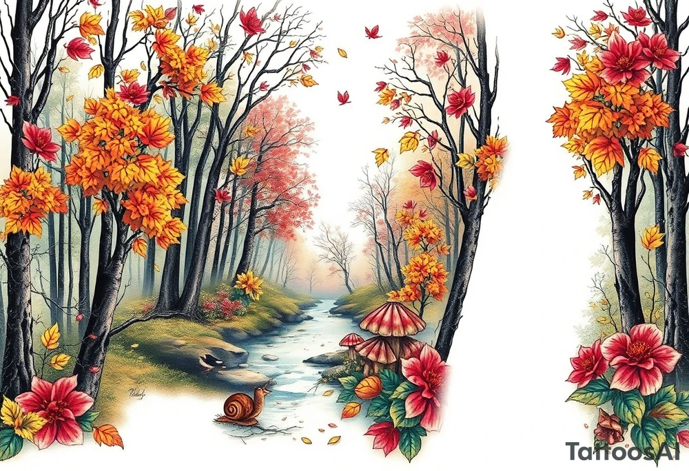 colorful fall themed womans sleeve forest, trees, falling leaves and rain, a small snail or two, birds, a creek, mushrooms and some fall themed flowers as filler tattoo idea