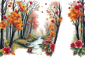 colorful fall themed womans sleeve forest, trees, falling leaves and rain, a small snail or two, birds, a creek, mushrooms and some fall themed flowers as filler tattoo idea