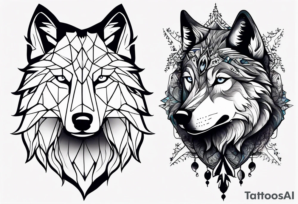 Constellation, two animal wolf, snowflake tattoo idea