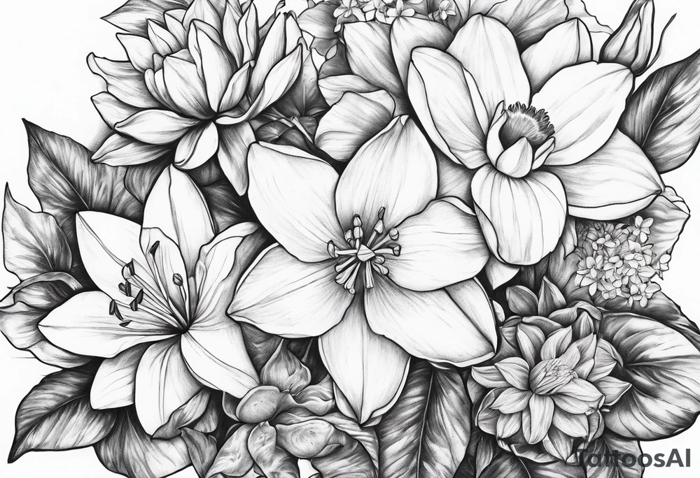 Bouquet daffodils water lilies and morning glories tattoo idea