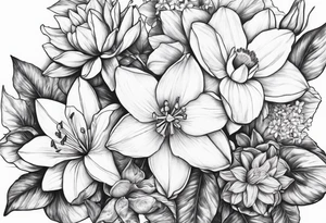 Bouquet daffodils water lilies and morning glories tattoo idea