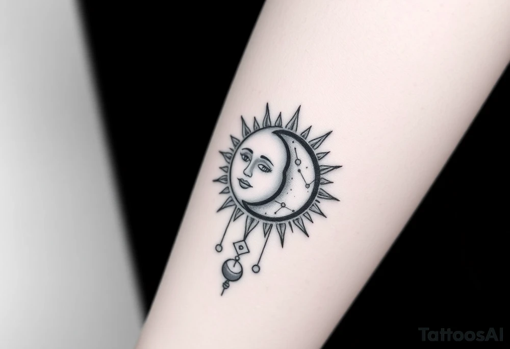 celestial sun and moon embrace with constellation patterns tattoo idea