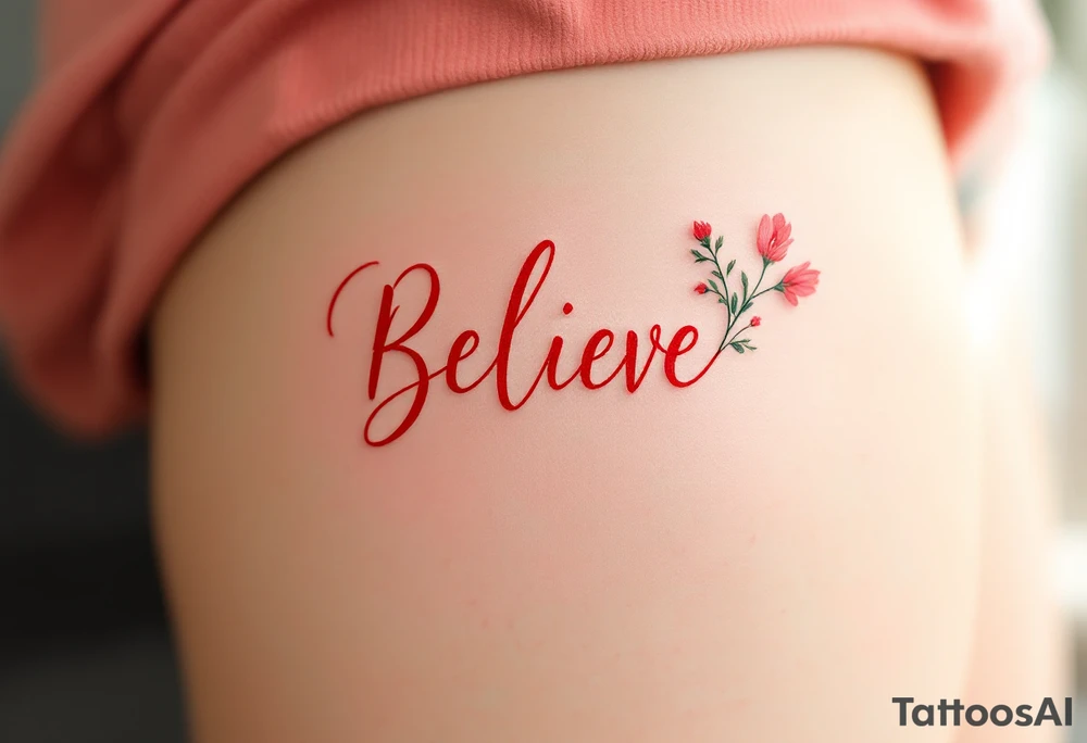 "Believe" in vibrant red with floral accents in soft pink and green, representing growth and perseverance. tattoo idea