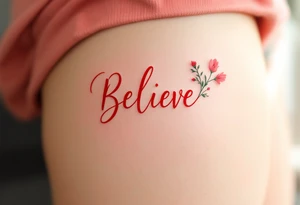"Believe" in vibrant red with floral accents in soft pink and green, representing growth and perseverance. tattoo idea