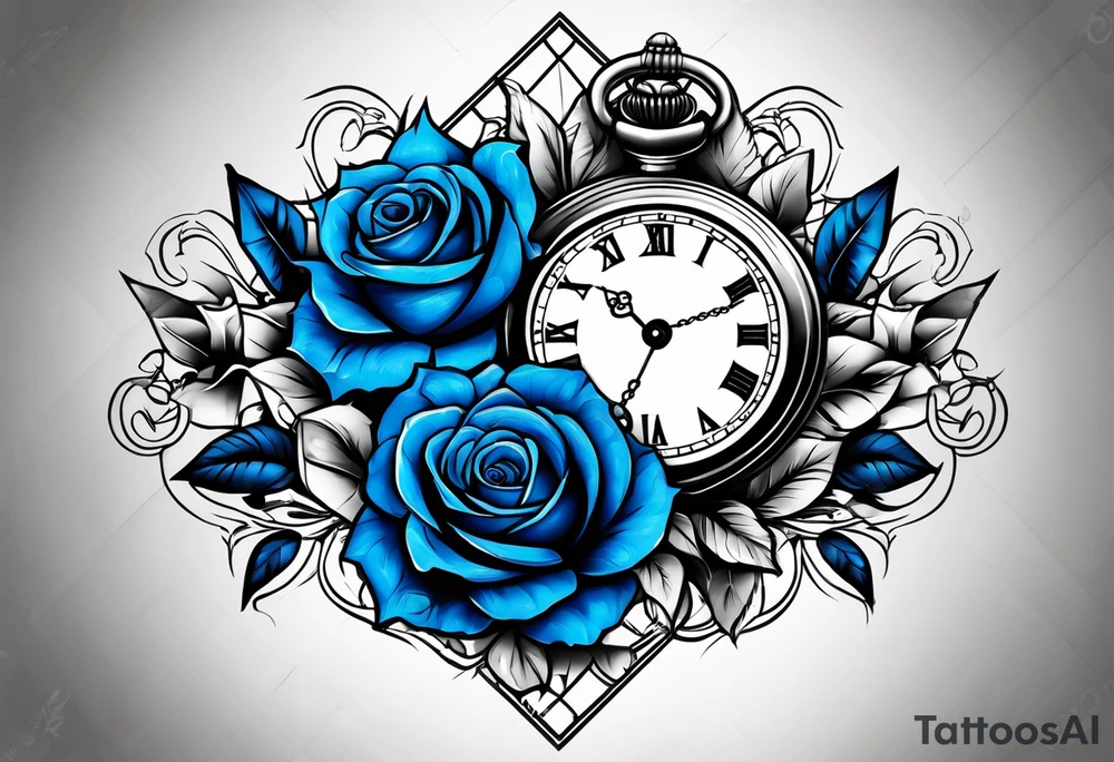 Pocket watch, banners, blue roses tattoo idea