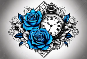 Pocket watch, banners, blue roses tattoo idea