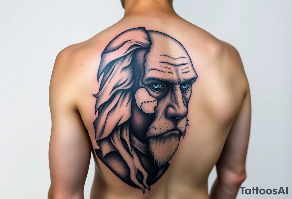 a male half sleeve with assymetric extensions above the elbow and till wrist. showing this sculpture of thanatos from wikipedia on one side and an old poised , calm and confident lio with battle scar over eye , blue eyes and the scar and a few whiskers in white on the other side. realistic style blended to create a bold half sleeve. the sculpture of thanatos is  real, peaceful old sculpture in stone on the wikipedia page with the area of it broken down in dotwork and texture creating depth and detail tattoo idea