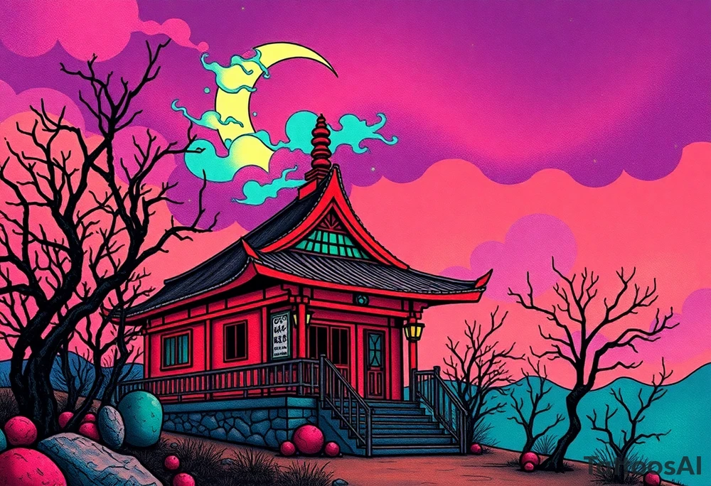 Tim Burton’s haunted pastel Tokyo shrine is abandoned and dripping with muted reds, dusty pinks, and eerie green glow.purple and cyan smokey clouds swirl in the crescent moonlit sky thats sprinkled with stars tattoo idea tattoo idea