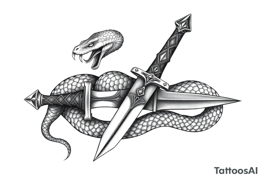 mystical snake coiled around an ancient dagger with jeweled hilt tattoo idea