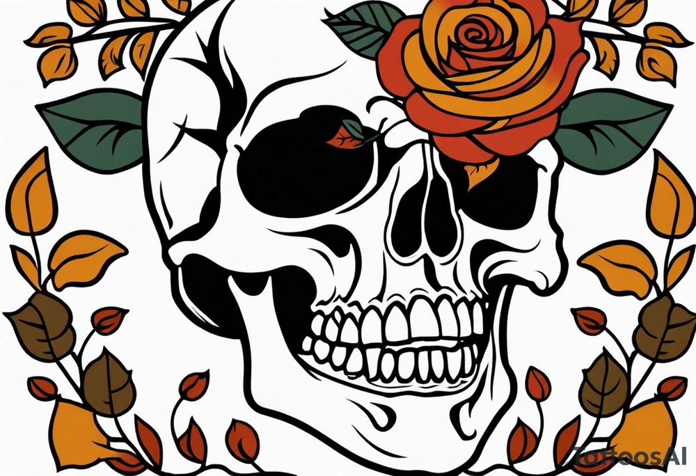 traditional Knee tattoo in fall colors showing a large skull with a rose  in the style of Jonathan Shaw tattoo idea