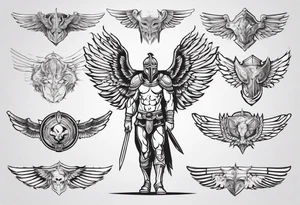 ultra-fine line linework vector of a gladiator with wings tattoo idea