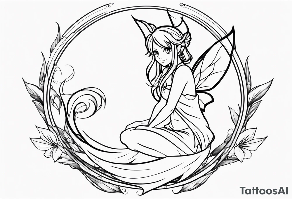 No color sketch of a fairy with a tail inspired by the guild symbol in the anime show called Fairy Tail in a fetal position leaning in and forward while crawled in tattoo idea