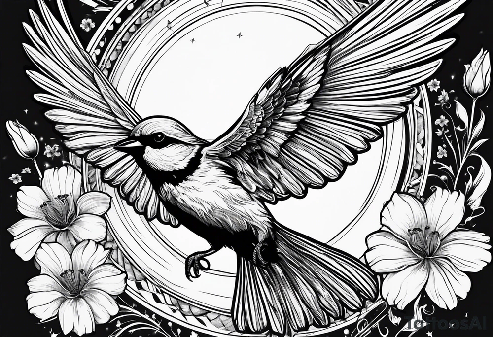 one flying 
sparrow, sunrays, 

 cosmos, iris, daisy tattoo idea