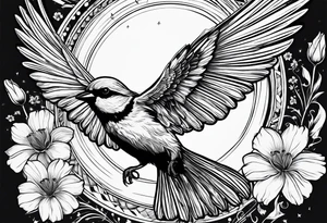 one flying 
sparrow, sunrays, 

 cosmos, iris, daisy tattoo idea