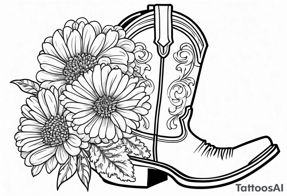 Cowboy boot with bouquet of chrysanthemum, carnations and marigolds inside of boot tattoo idea