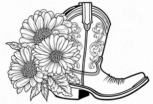 Cowboy boot with bouquet of chrysanthemum, carnations and marigolds inside of boot tattoo idea