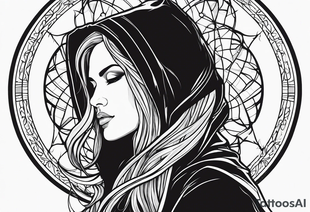 Woman in profile with long hair in hooded cloak with her left hand raised above her head reaching for an orb tattoo idea