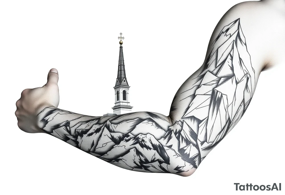 russian orthodox christian left arm tattoo with st basils cathederal in a mountainous setting tattoo idea