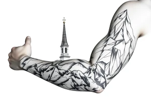 russian orthodox christian left arm tattoo with st basils cathederal in a mountainous setting tattoo idea