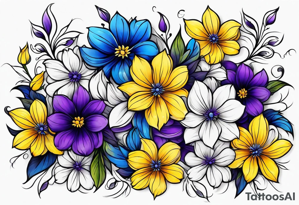 Blue yellow and purple flowers arm sleeve tattoo idea
