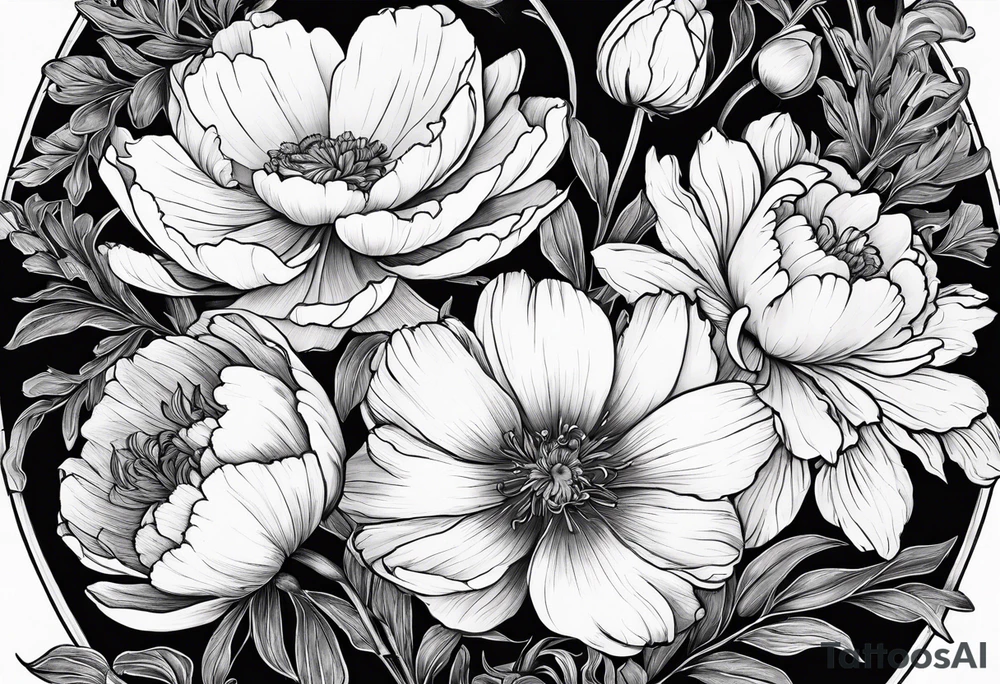 A stemless marigold, peony, and narcissus side by side. 3 flowers. tattoo idea