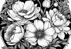 A stemless marigold, peony, and narcissus side by side. 3 flowers. tattoo idea