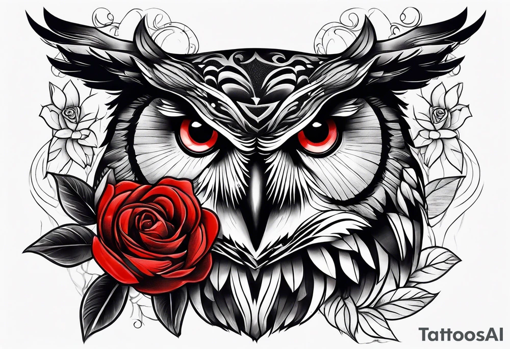 Owl with red roses tattoo idea