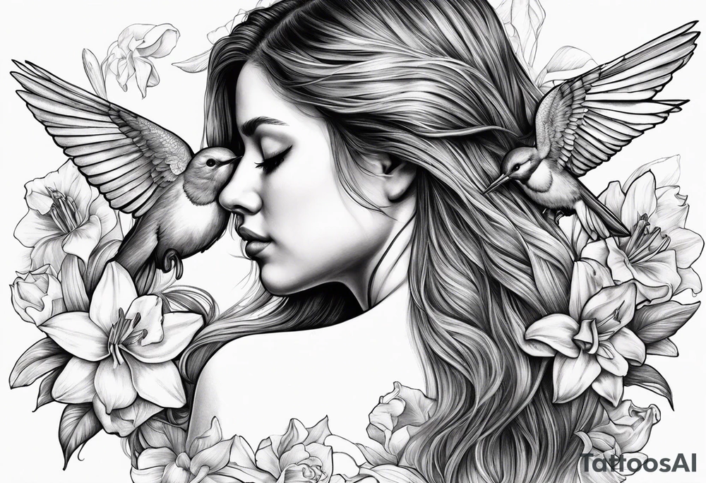 sad angel from behind with head down and face covered by her hair surrounded by lily, daffodil, rose, daisy, narcissus holding a hummingbird tattoo idea
