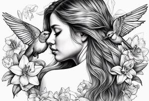 sad angel from behind with head down and face covered by her hair surrounded by lily, daffodil, rose, daisy, narcissus holding a hummingbird tattoo idea
